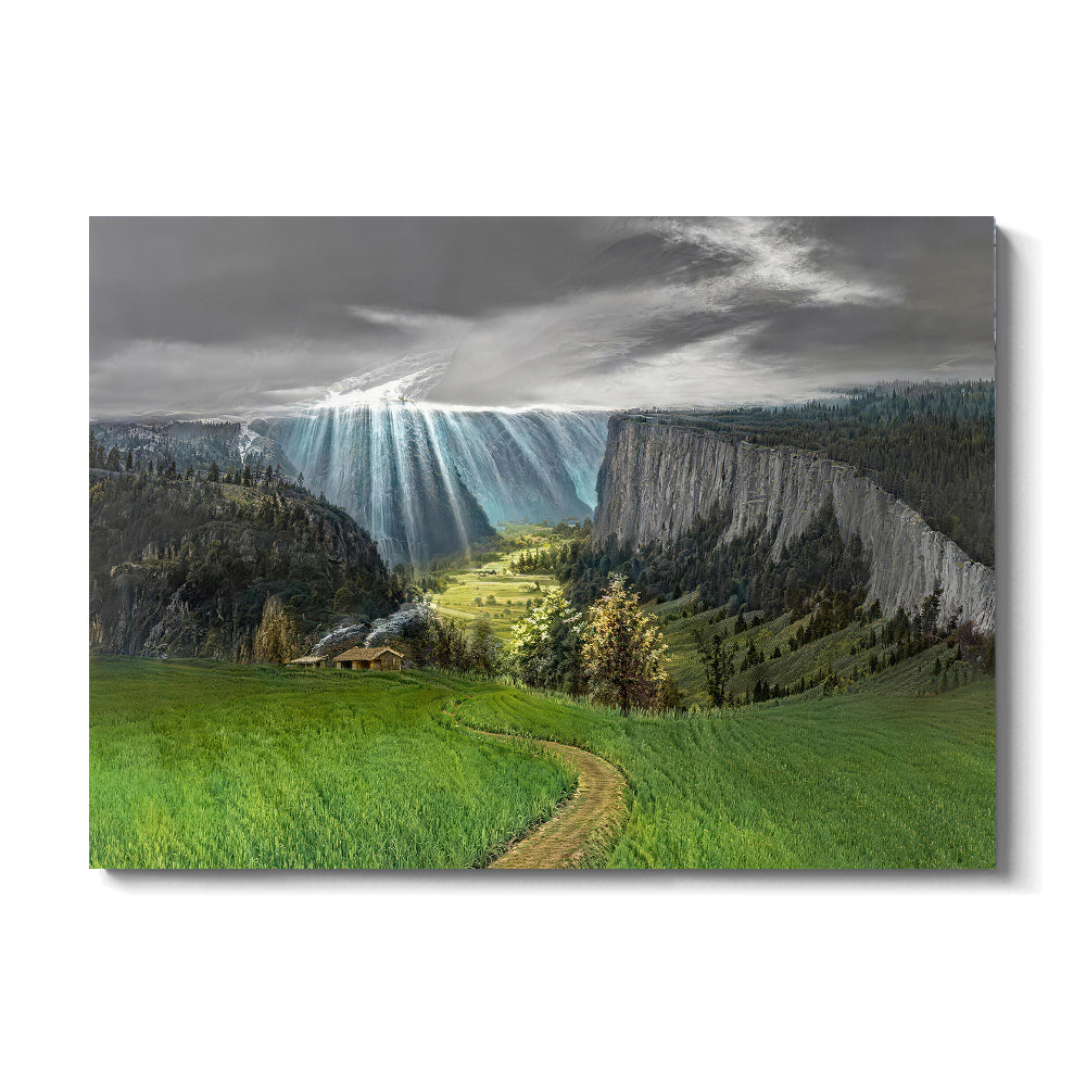 Mountain Meadow After the Storm canvas wall art, front product mockup on a light background.