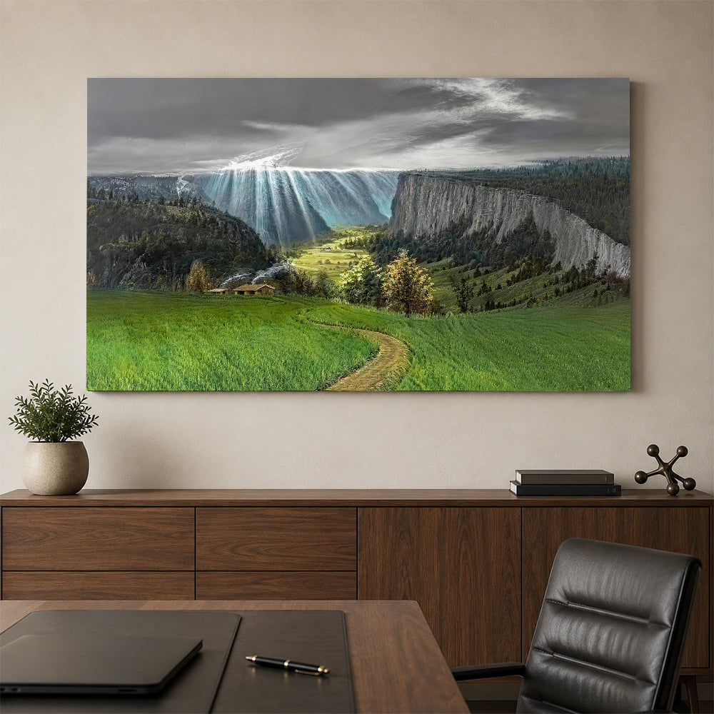Mountain Meadow After the Storm canvas wall art, styled room mockup 2.