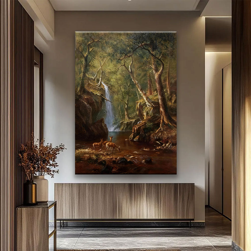 Deer in the Woodland Glade canvas wall art, styled room mockup 2.