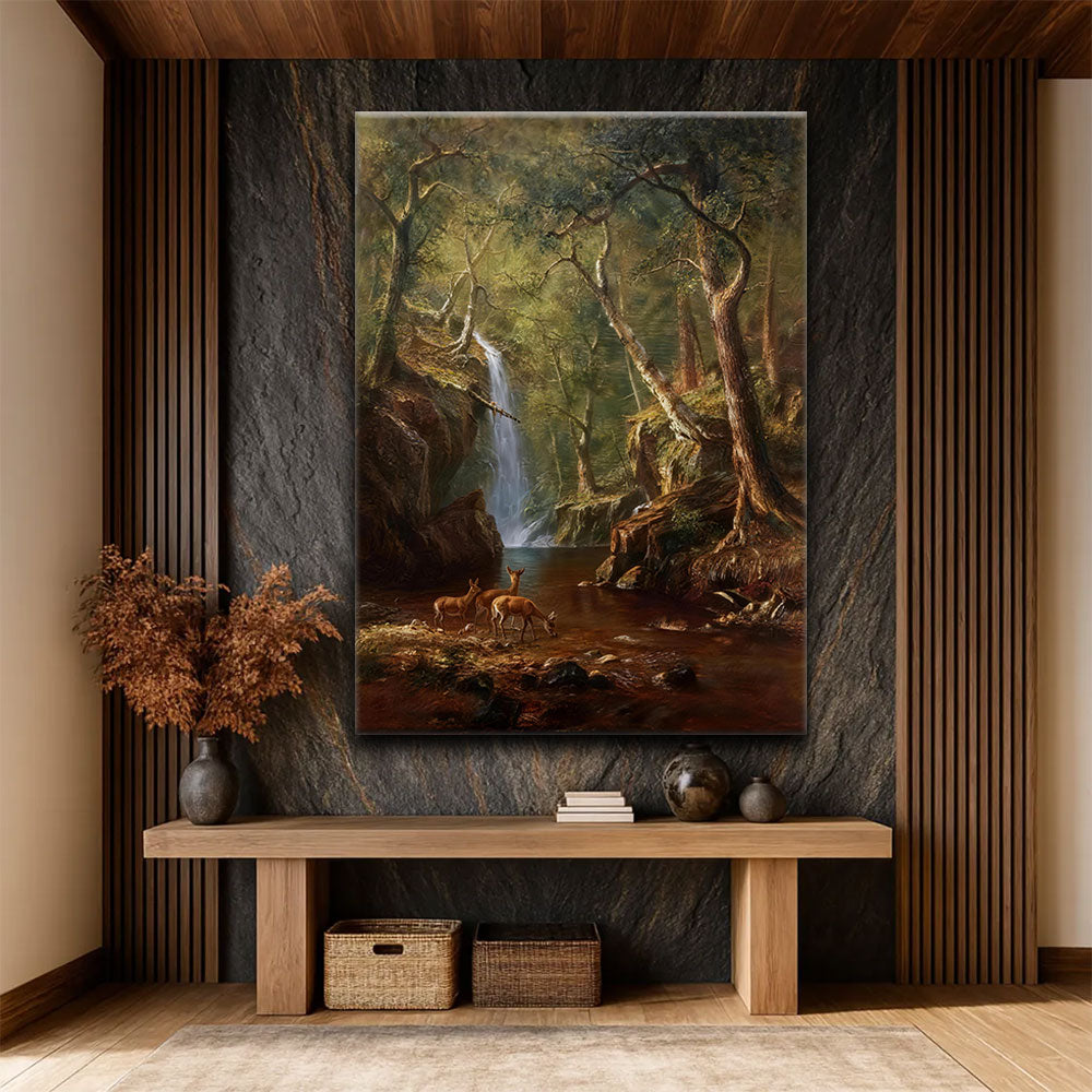 Deer in the Woodland Glade canvas wall art, styled room mockup 4.