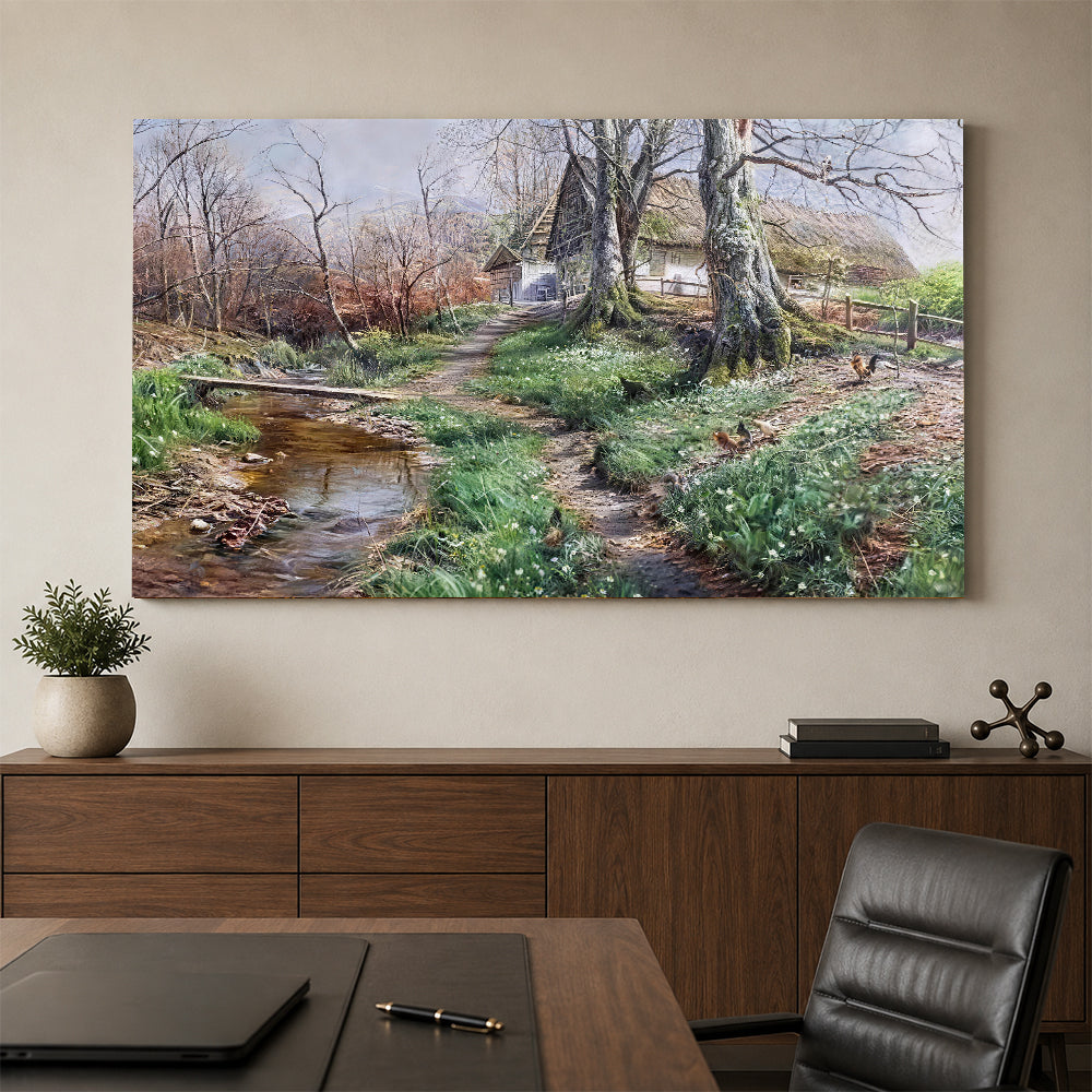 Early Spring Creek canvas wall art, styled room mockup 1.