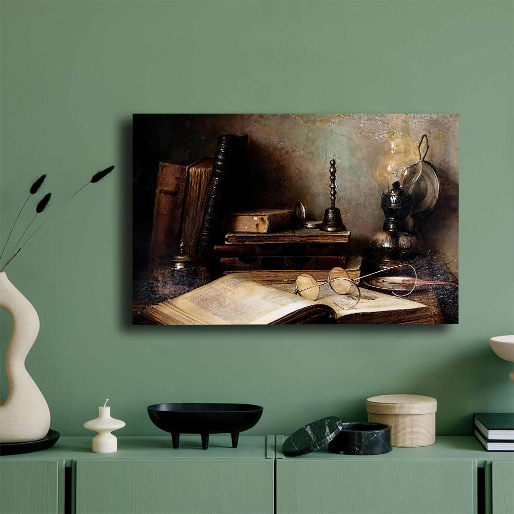 Books and Lamplight canvas wall art, styled room mockup 1.