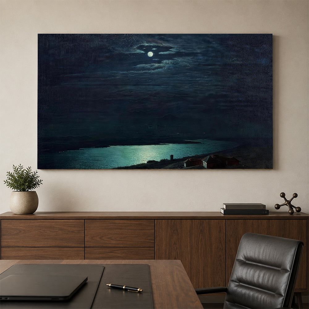 Moonlight Across Dark Water canvas wall art, styled room mockup 3.