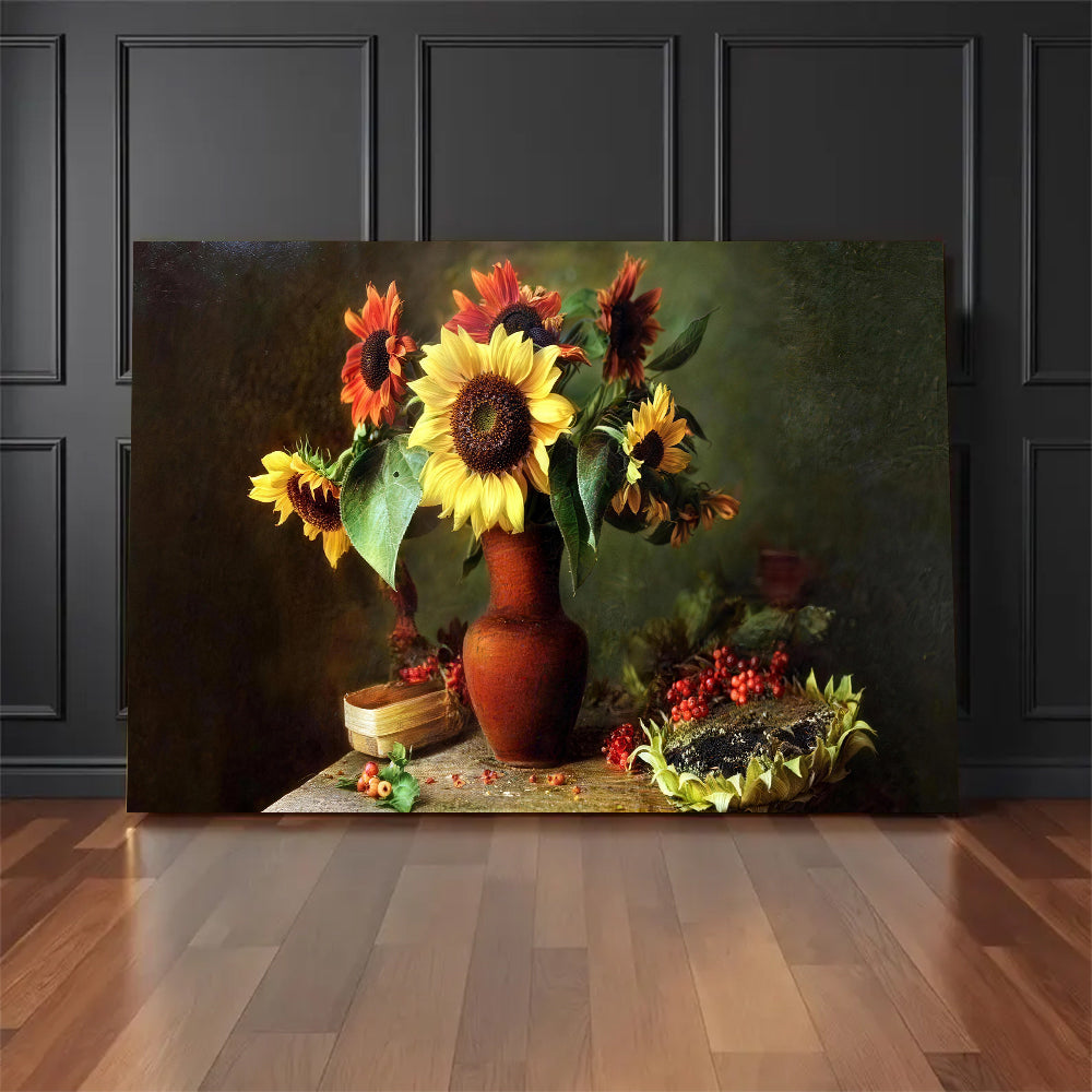 Sunflowers in a Terracotta Vase canvas wall art, styled room mockup 2.
