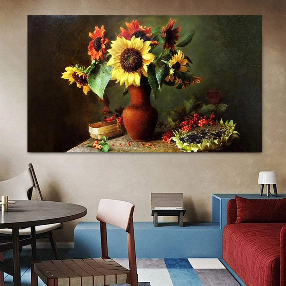 Sunflowers in a Terracotta Vase canvas wall art, styled room mockup 4.