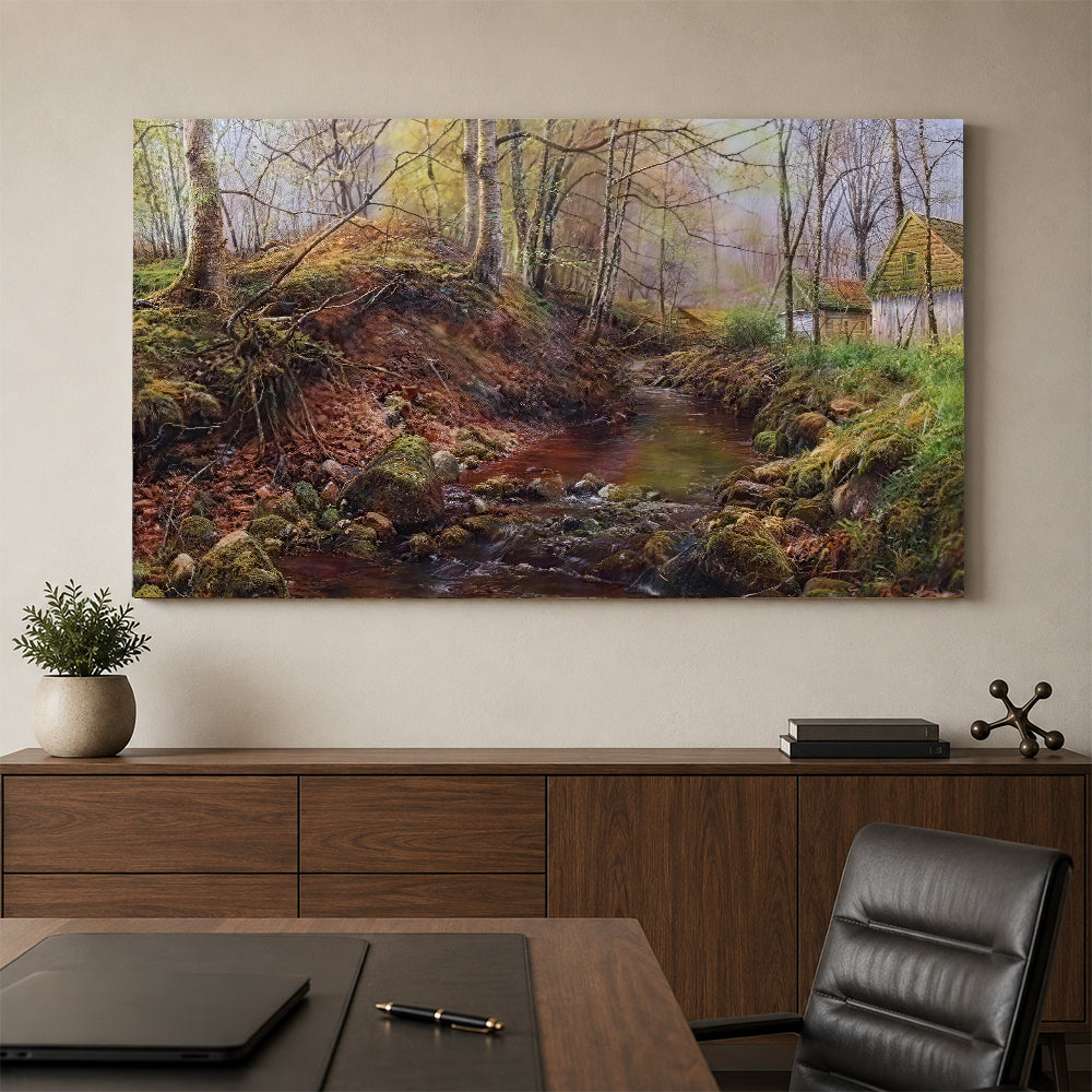 Village Creek in Early Spring canvas wall art, styled room mockup 4.
