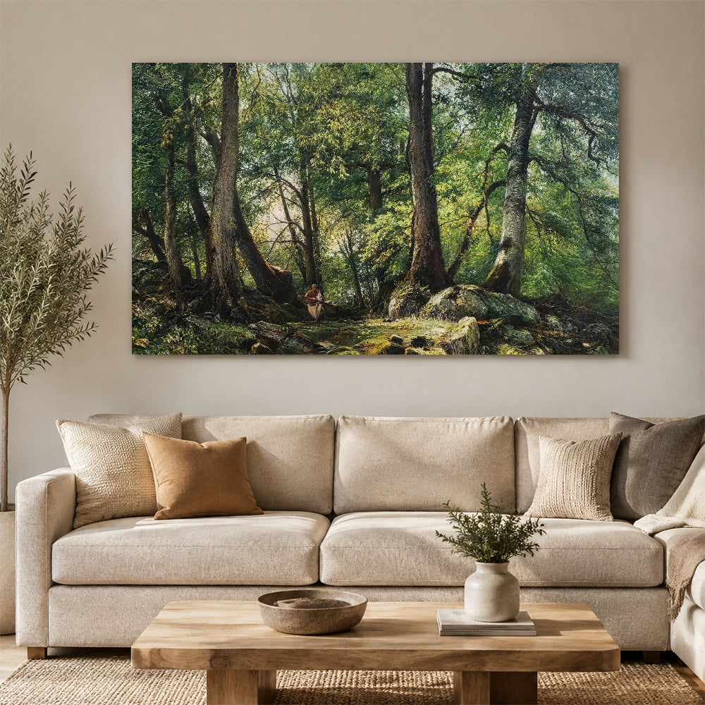 Deep Green Woodland canvas wall art, styled room mockup 2.