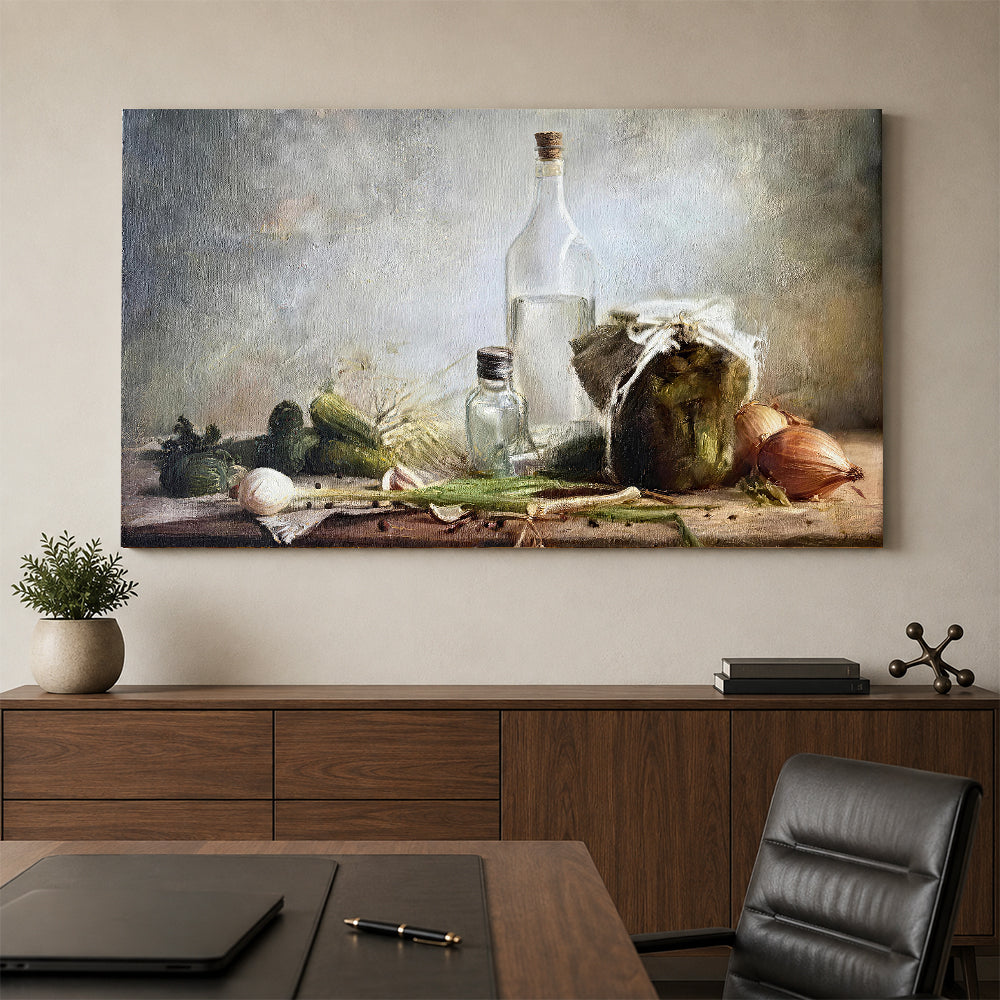 Glass Bottle and Kitchen Still Life canvas wall art, styled room mockup 2.