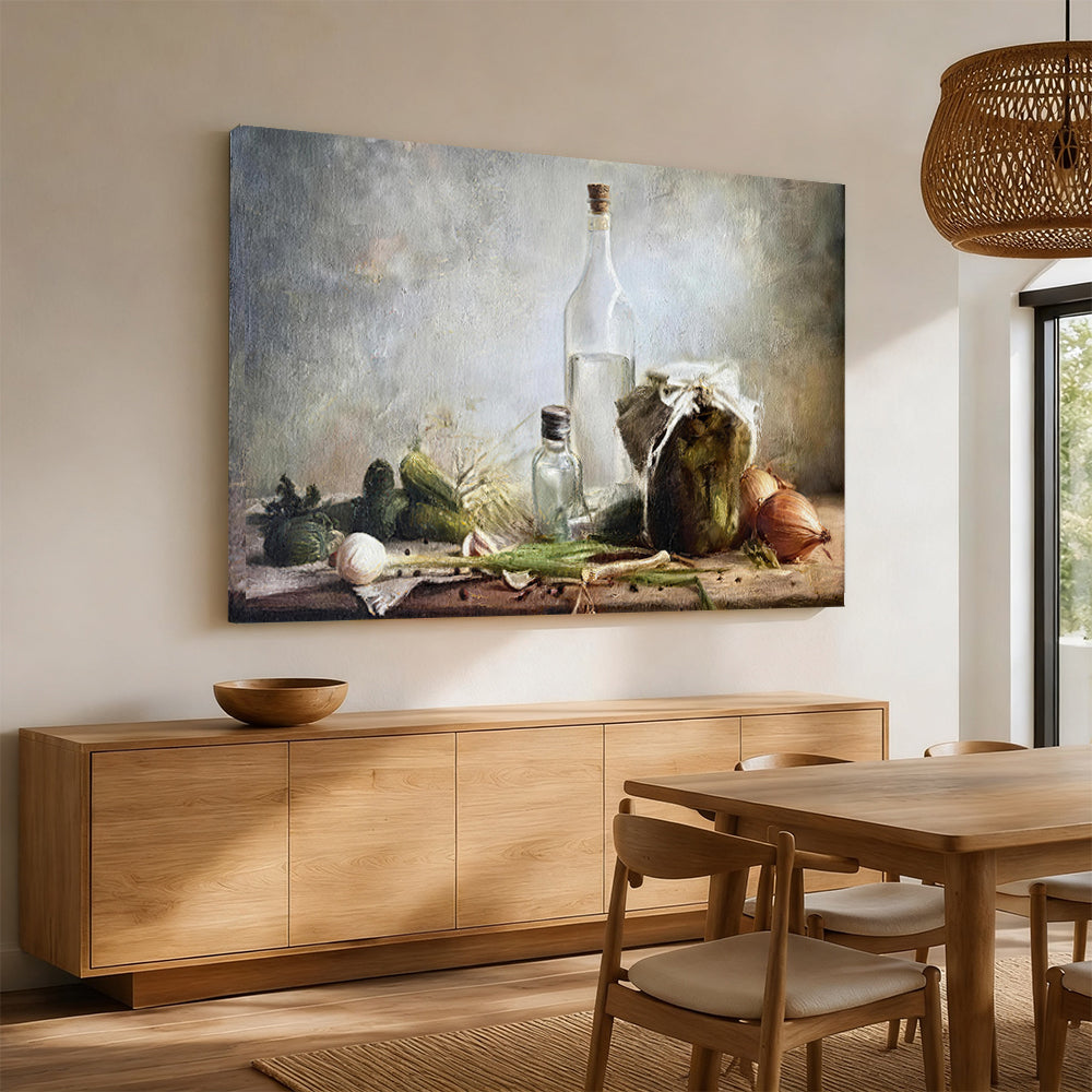 Glass Bottle and Kitchen Still Life canvas wall art, styled room mockup 3.