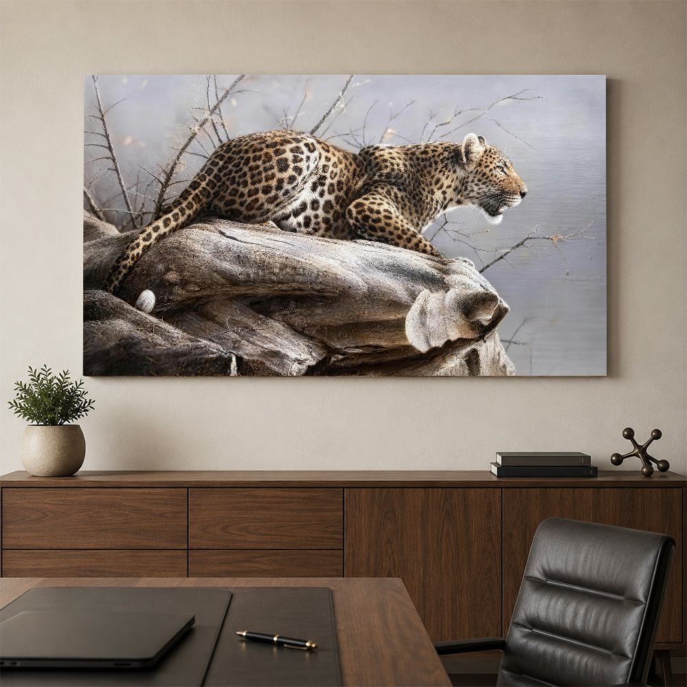 Leopard on a Pale Branch canvas wall art, styled room mockup 3.