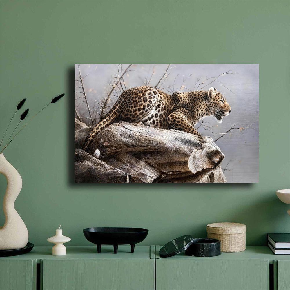 Leopard on a Pale Branch canvas wall art, styled room mockup 4.
