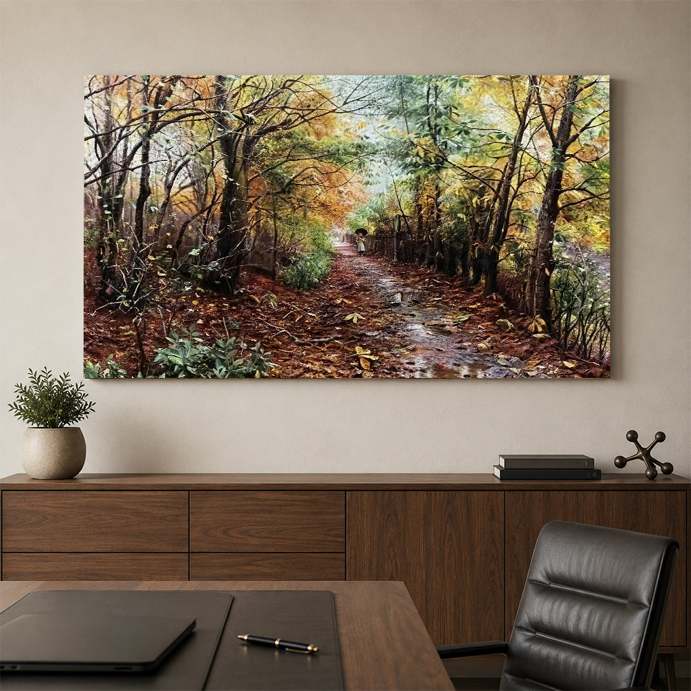 Leaf Strewn Woodland Path canvas wall art, styled room mockup 3.