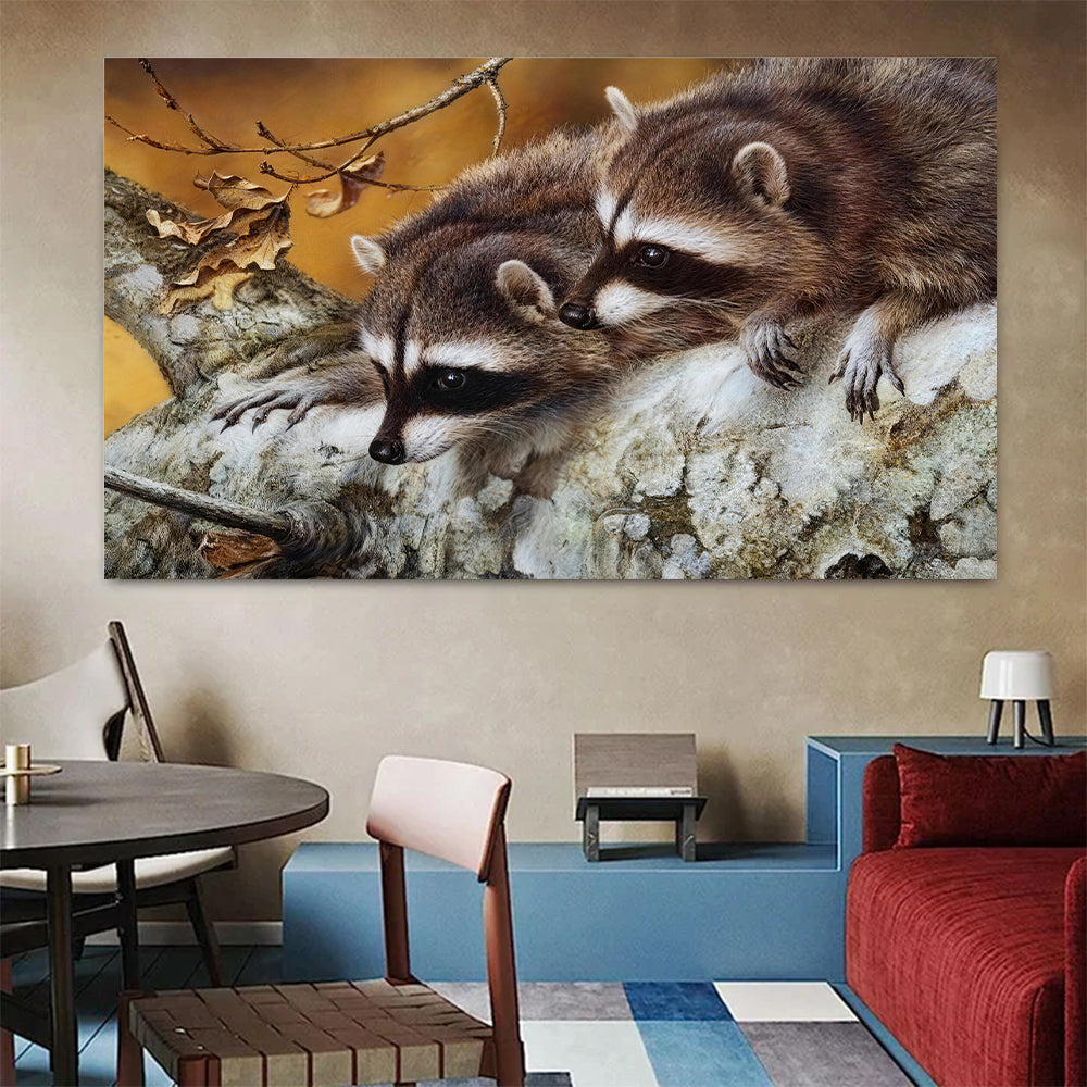 Raccoons on a Fallen Log canvas wall art, styled room mockup 1.