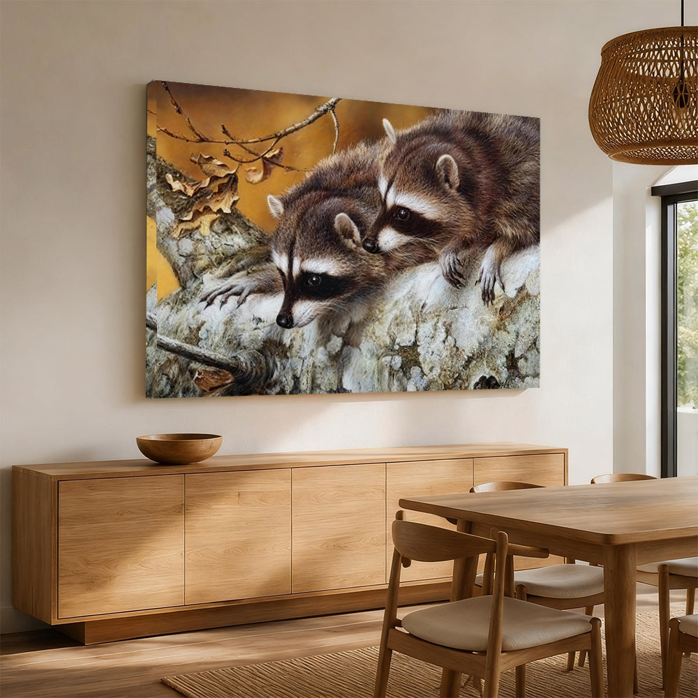 Raccoons on a Fallen Log canvas wall art, styled room mockup 4.