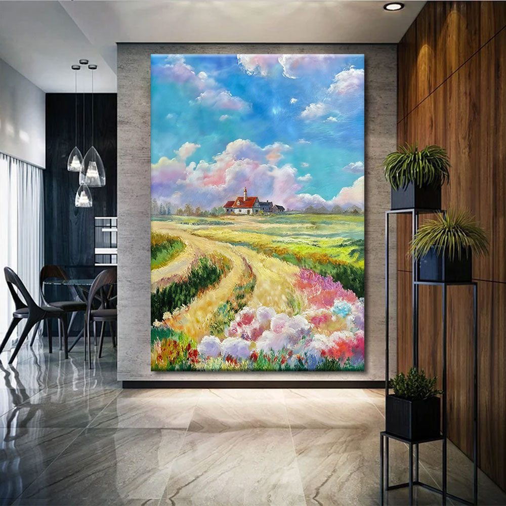 Flower Fields and a Distant Farm canvas wall art, styled room mockup 1.
