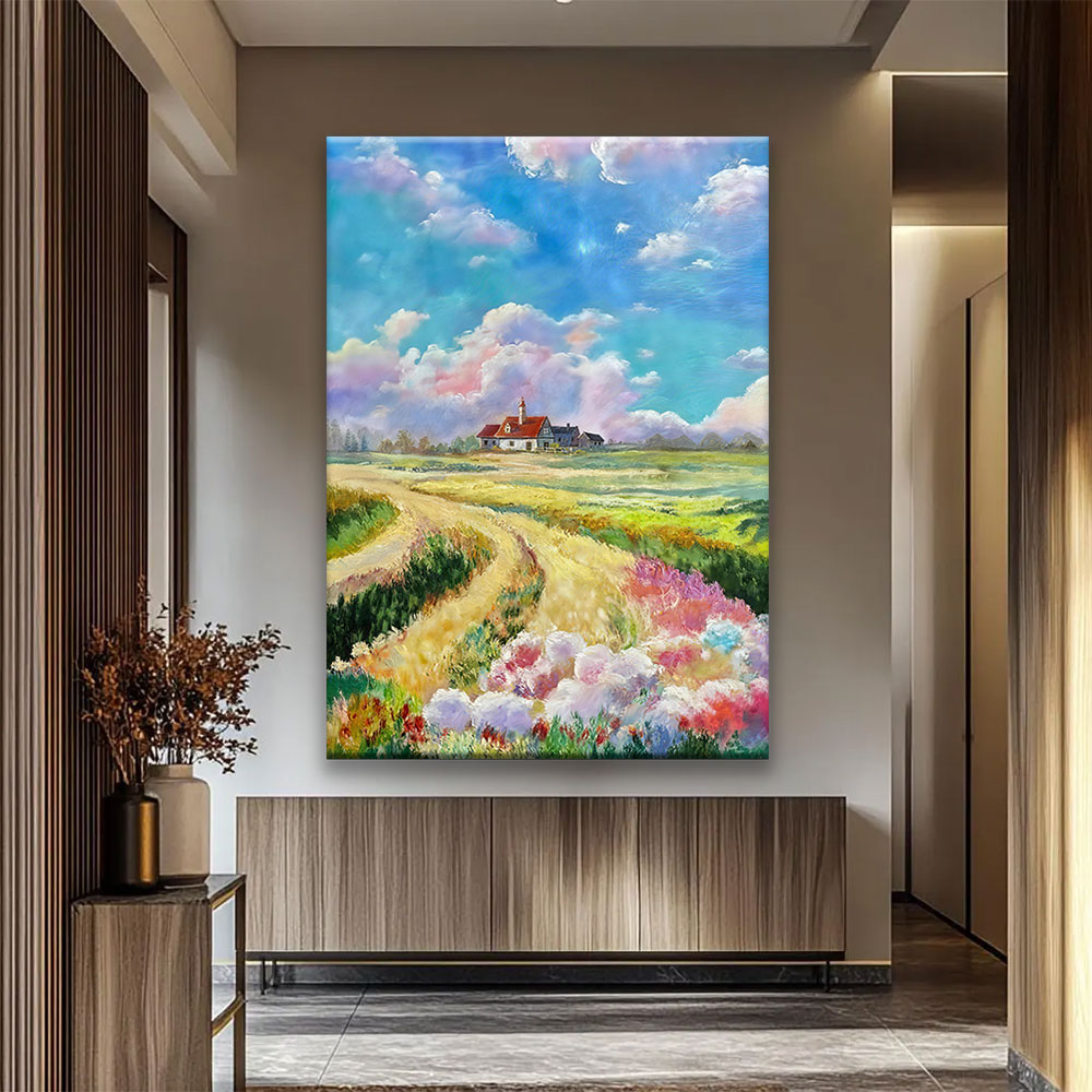 Flower Fields and a Distant Farm canvas wall art, styled room mockup 3.