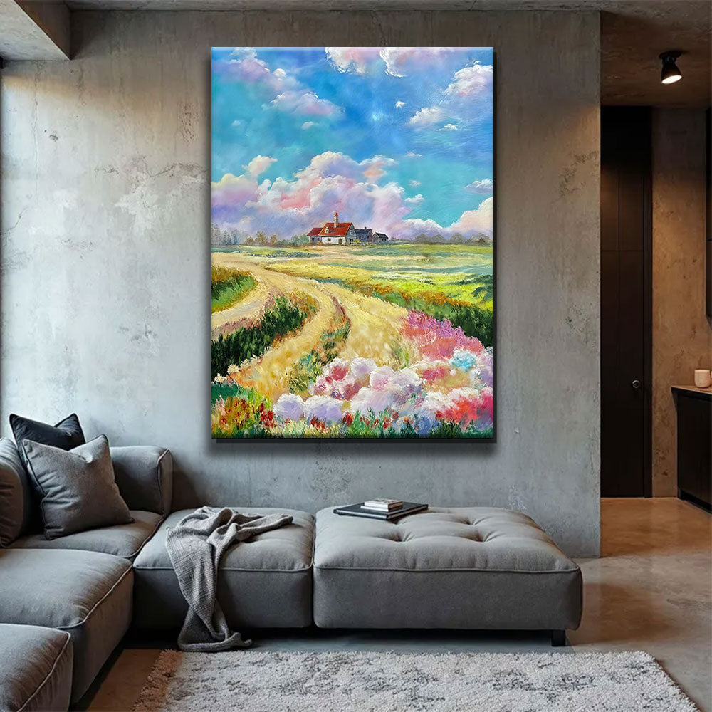 Flower Fields and a Distant Farm canvas wall art, styled room mockup 4.