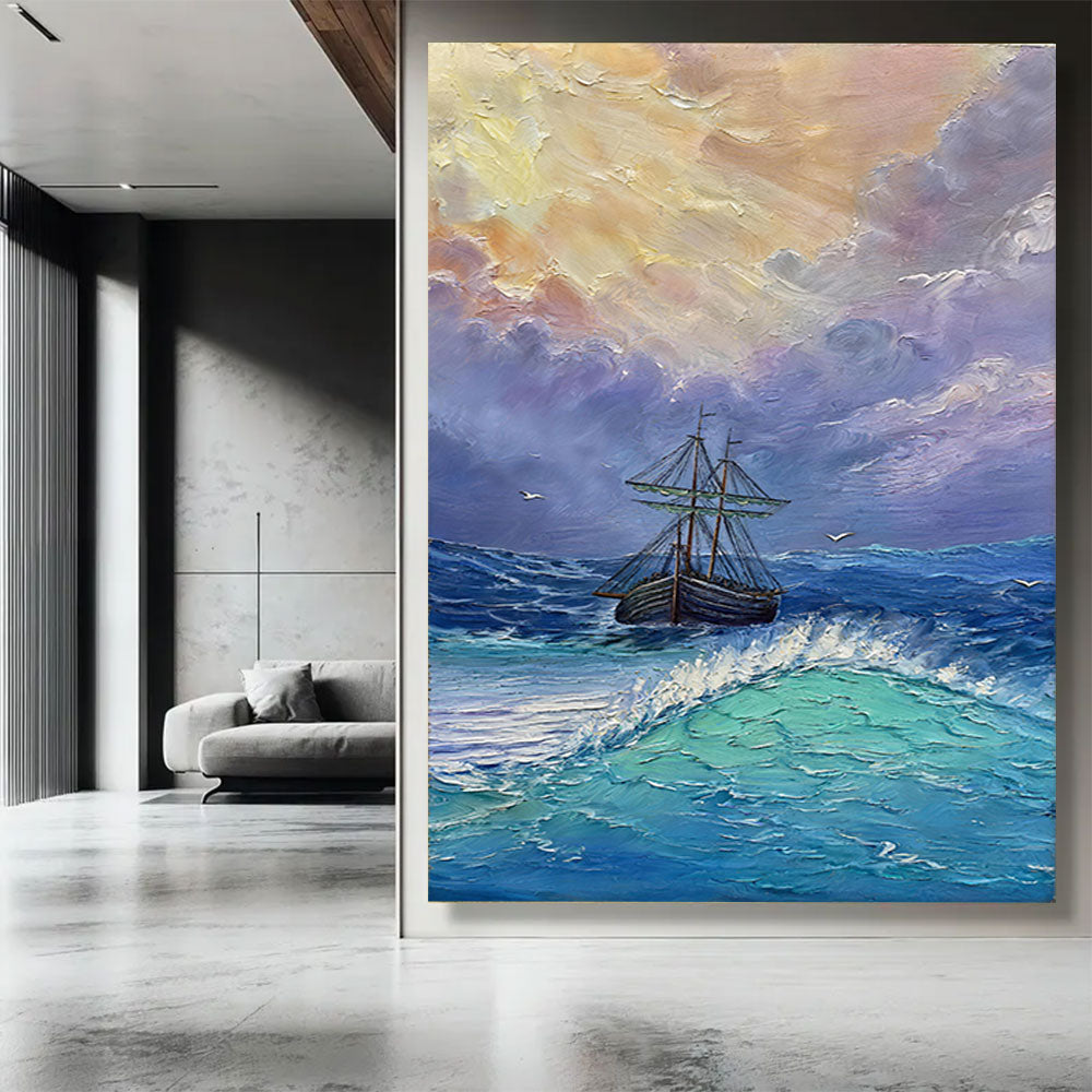 Sunbreak Over a Sailing Ship canvas wall art, styled room mockup 1.