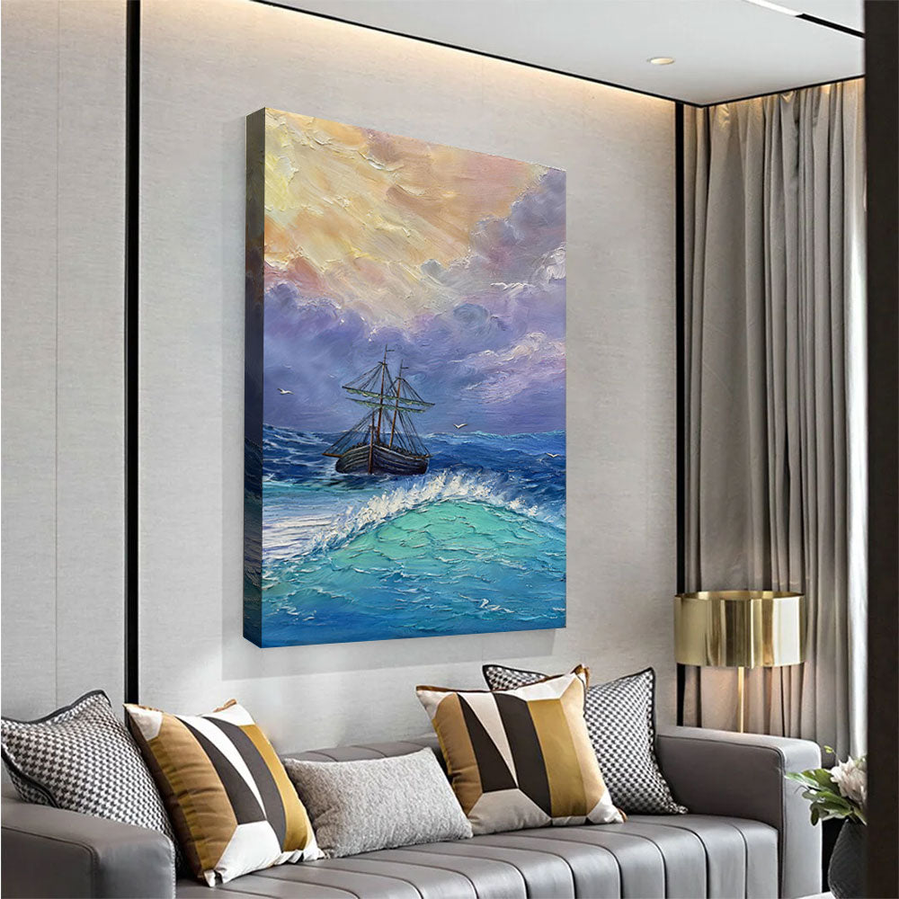 Sunbreak Over a Sailing Ship canvas wall art, styled room mockup 2.