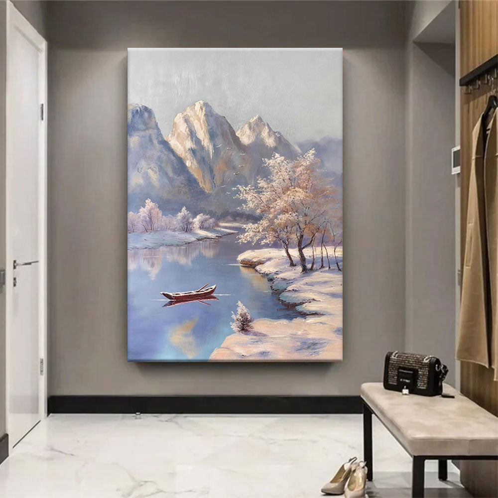 Winter Boat Beneath the Peaks canvas wall art, styled room mockup 3.
