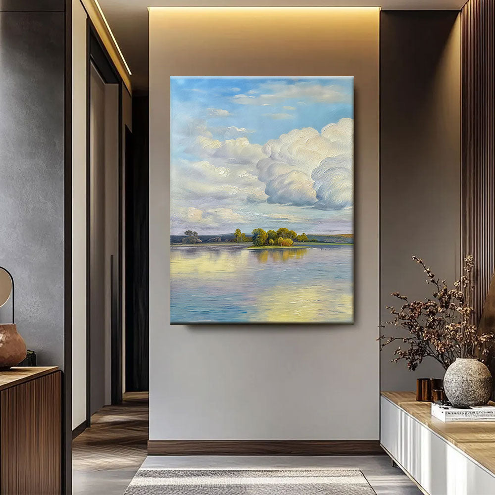 Quiet Lake and Summer Clouds canvas wall art, styled room mockup 1.