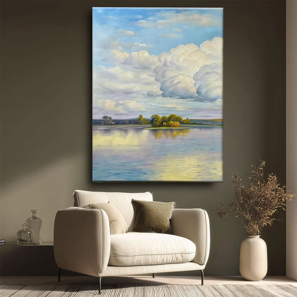 Quiet Lake and Summer Clouds canvas wall art, styled room mockup 3.