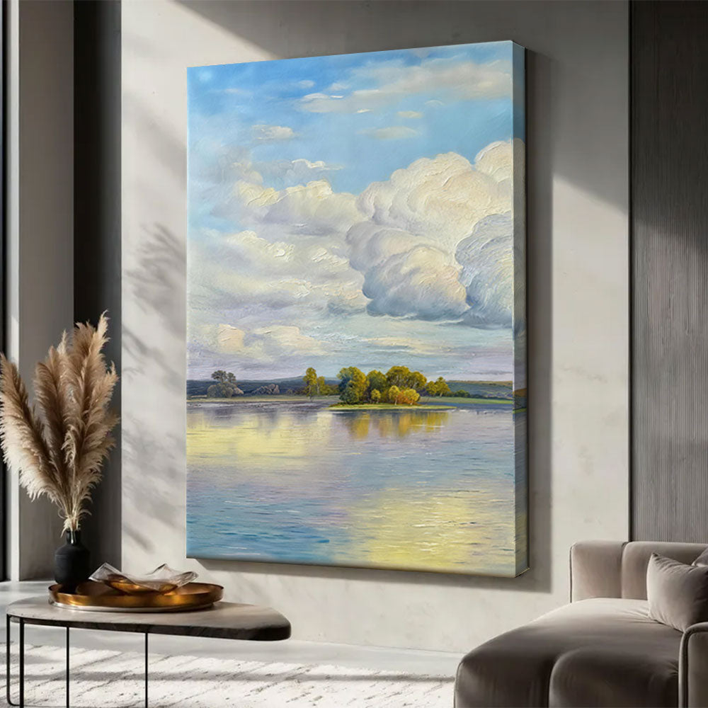 Quiet Lake and Summer Clouds canvas wall art, styled room mockup 4.