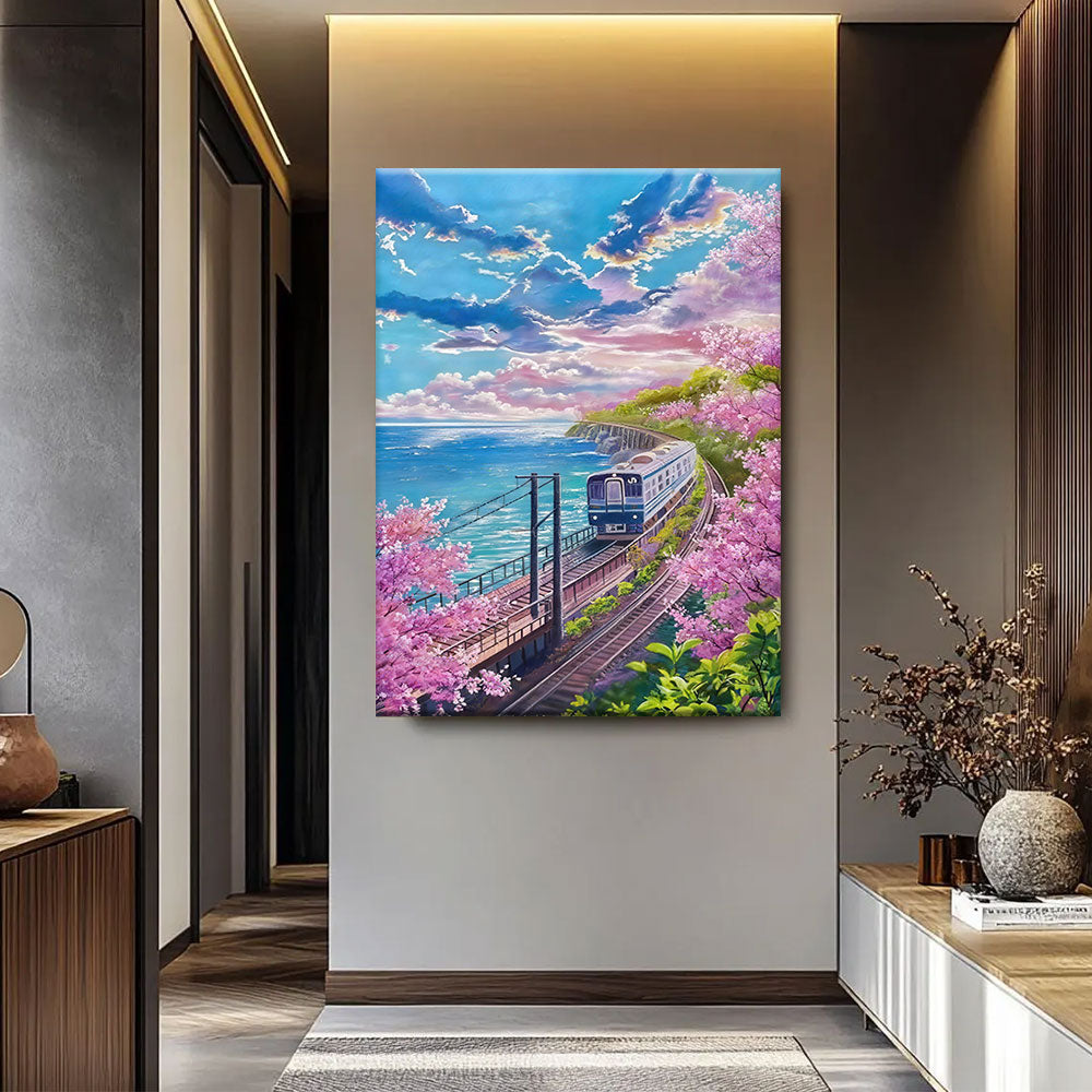 Coastal Railway in Bloom canvas wall art, styled room mockup 4.