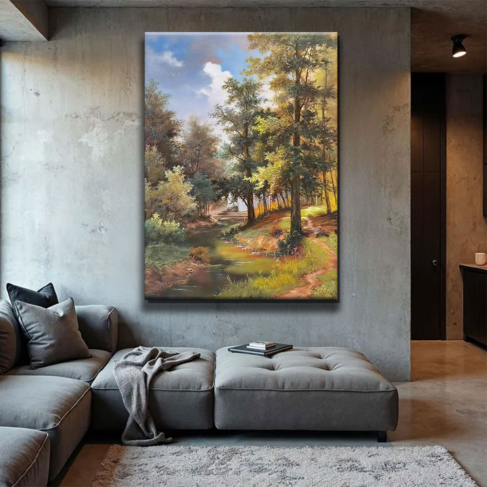 Light Along the Woodland Stream canvas wall art, styled room mockup 2.