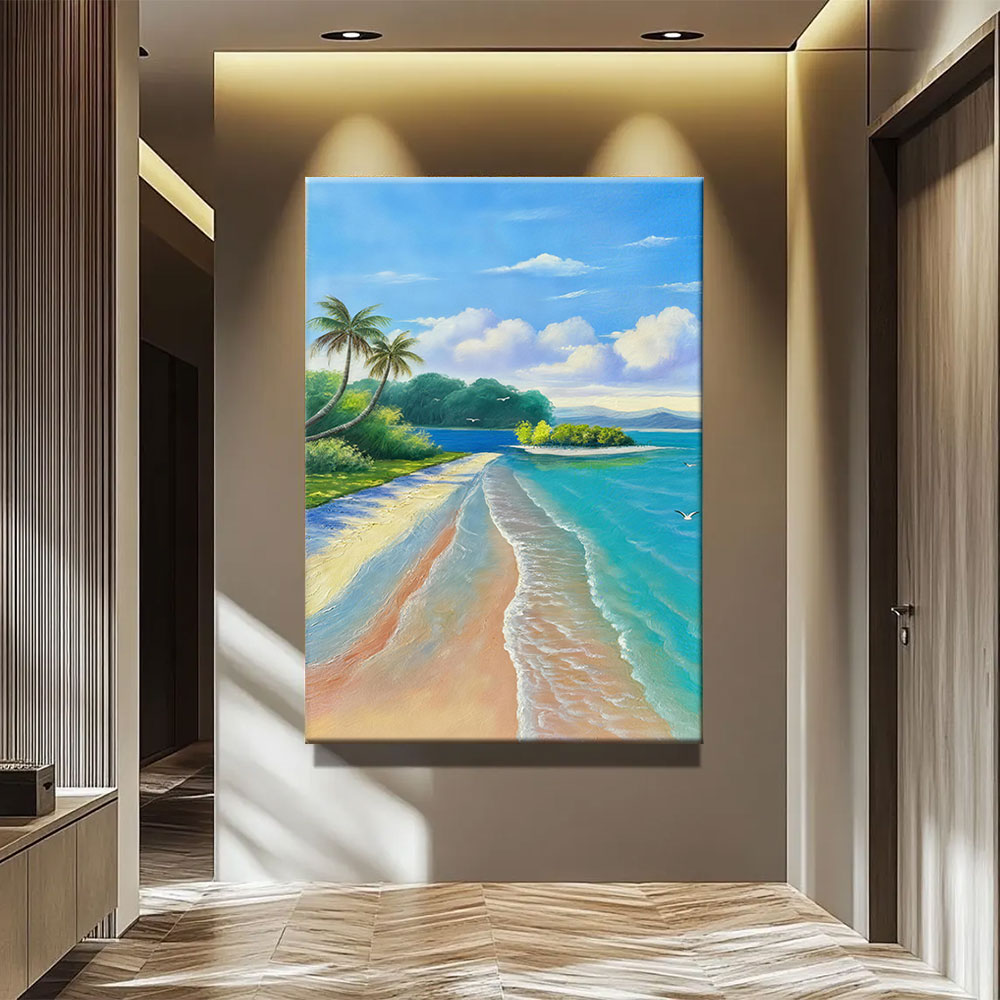 Turquoise Tropical Shore canvas wall art, styled room mockup 1.