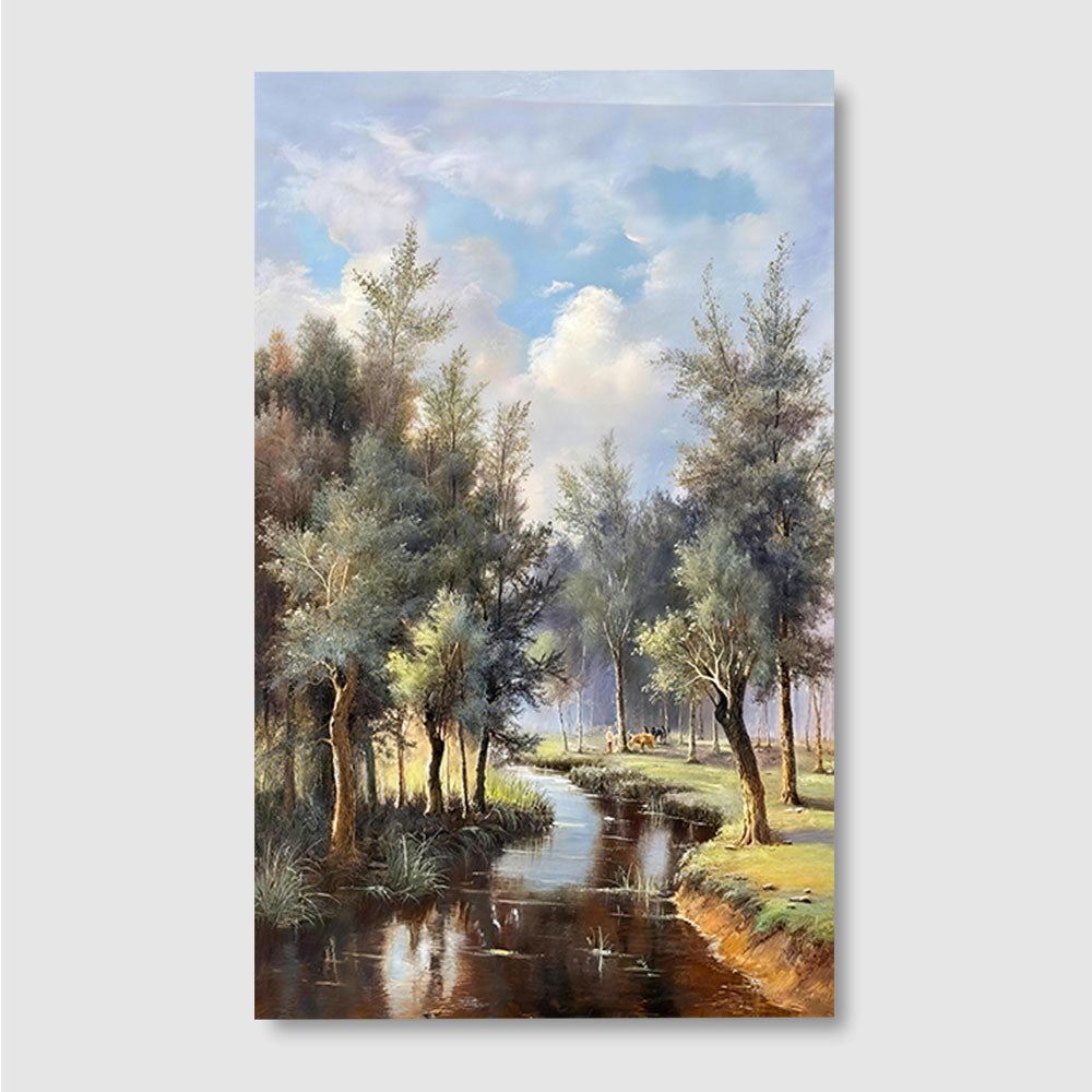 Country Stream Under Blue Sky canvas wall art, front product mockup on a light background.