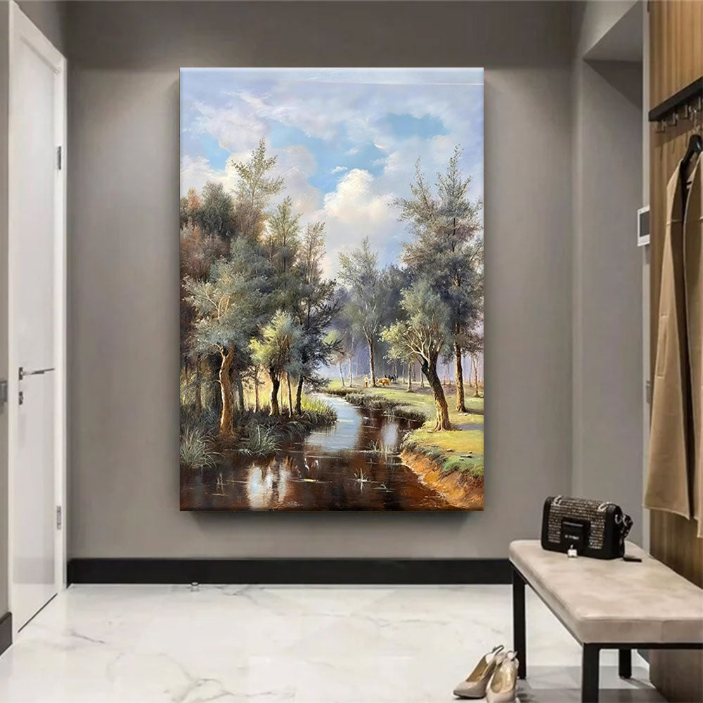Country Stream Under Blue Sky canvas wall art, styled room mockup 1.