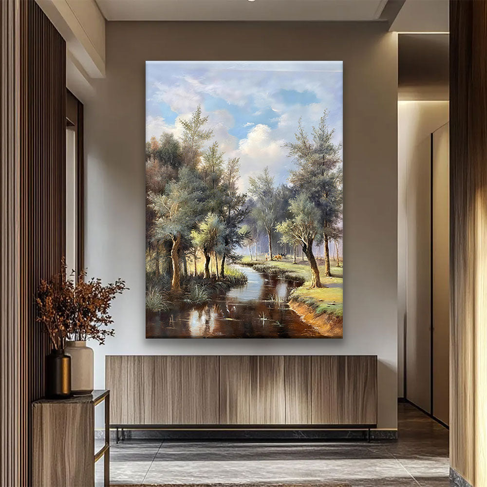 Country Stream Under Blue Sky canvas wall art, styled room mockup 3.