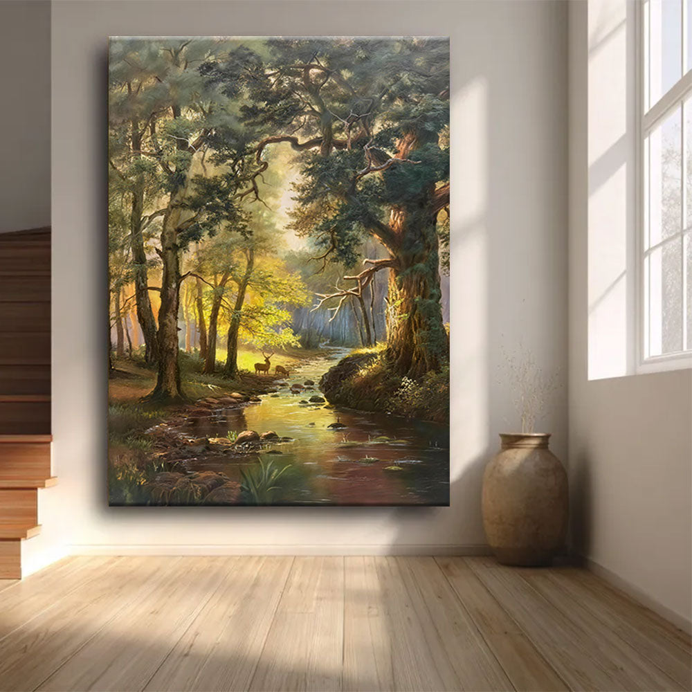 Golden Woodland Clearing canvas wall art, styled room mockup 1.