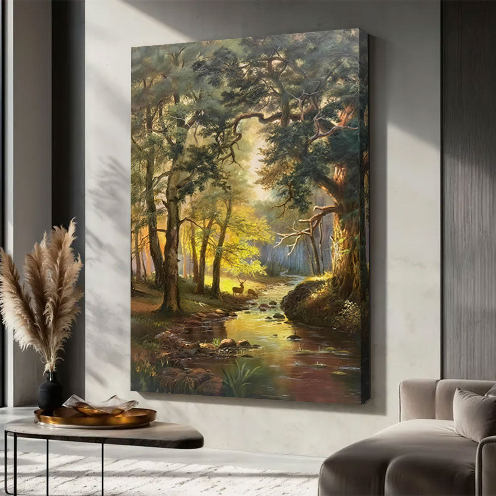 Golden Woodland Clearing canvas wall art, styled room mockup 3.
