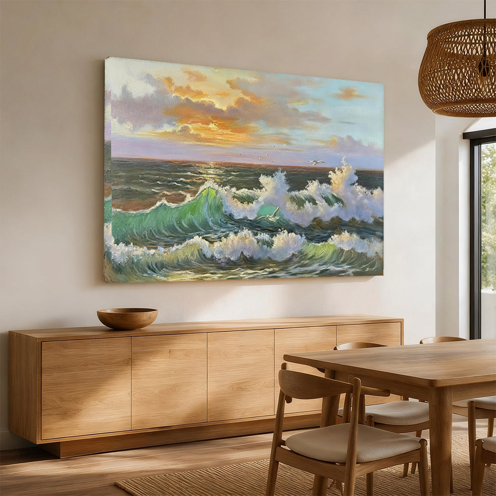 Rolling Waves at Sundown canvas wall art, styled room mockup 2.