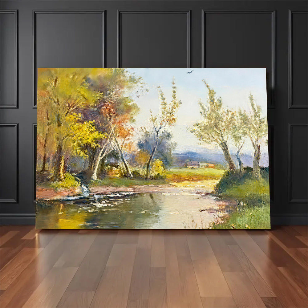 Birches by the Quiet Water canvas wall art, styled room mockup 1.