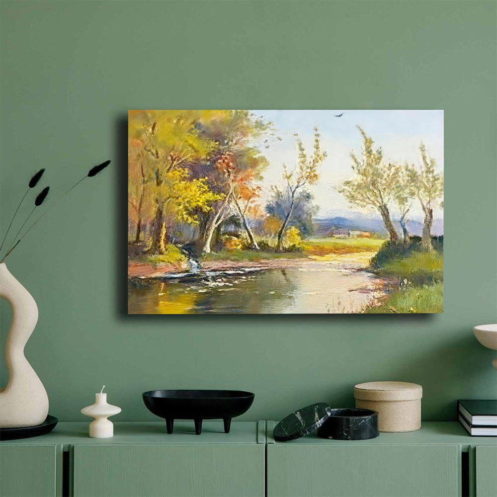 Birches by the Quiet Water canvas wall art, styled room mockup 2.
