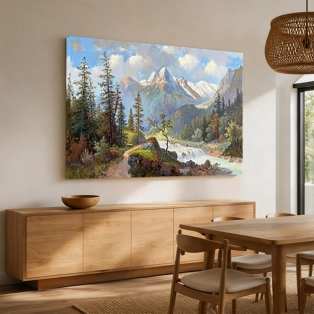 Alpine River and Evergreen Trees canvas wall art, styled room mockup 2.