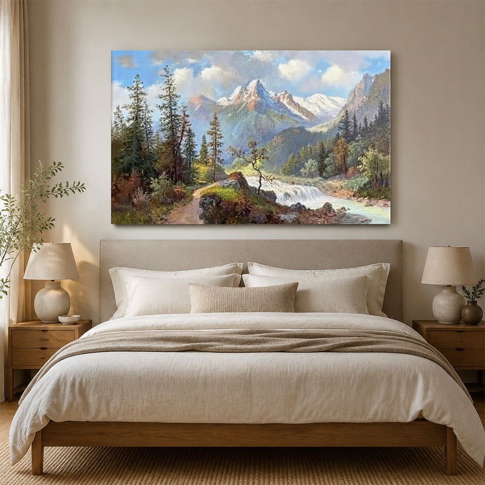 Alpine River and Evergreen Trees canvas wall art, styled room mockup 3.