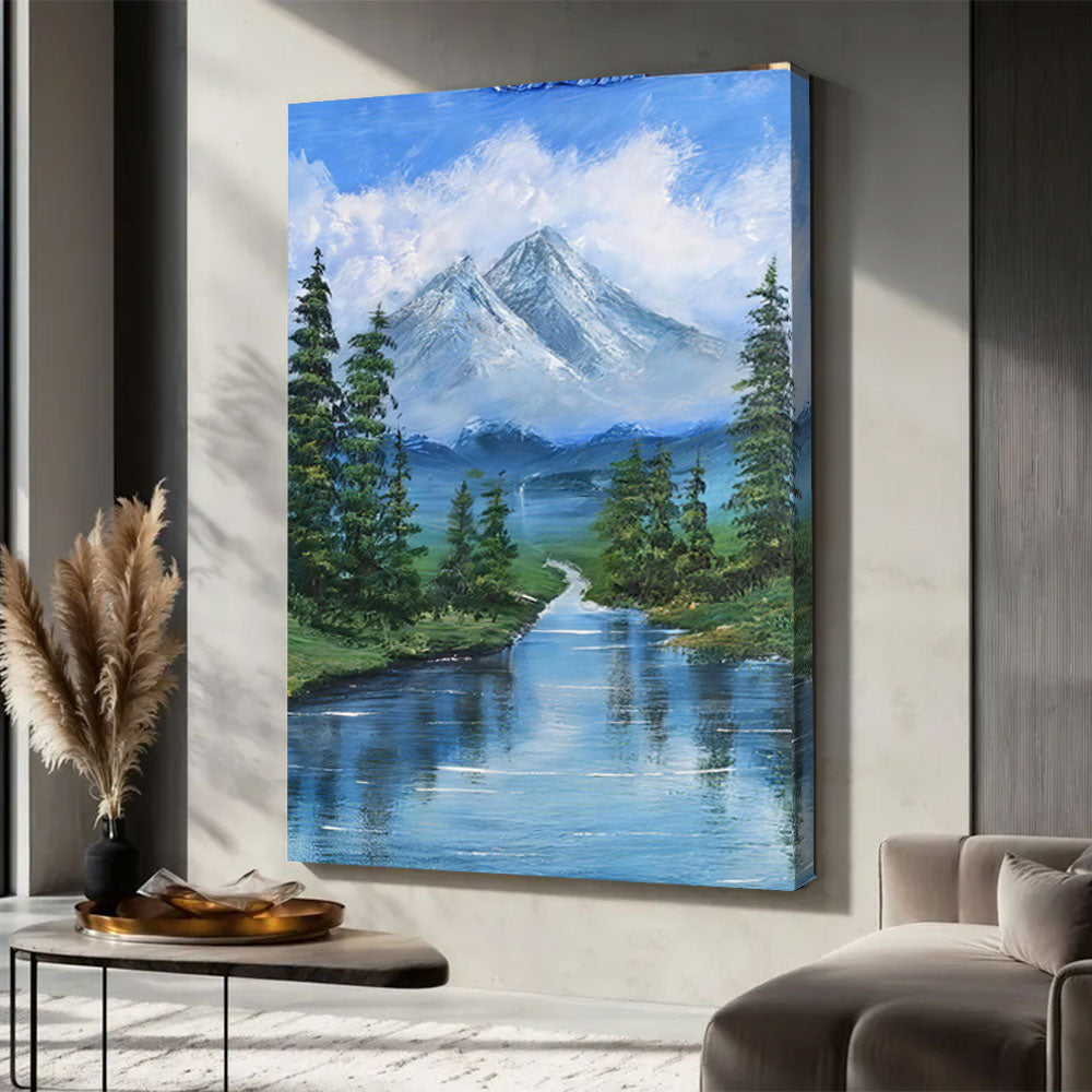 Mountain Lake and Tall Pines canvas wall art, styled room mockup 3.