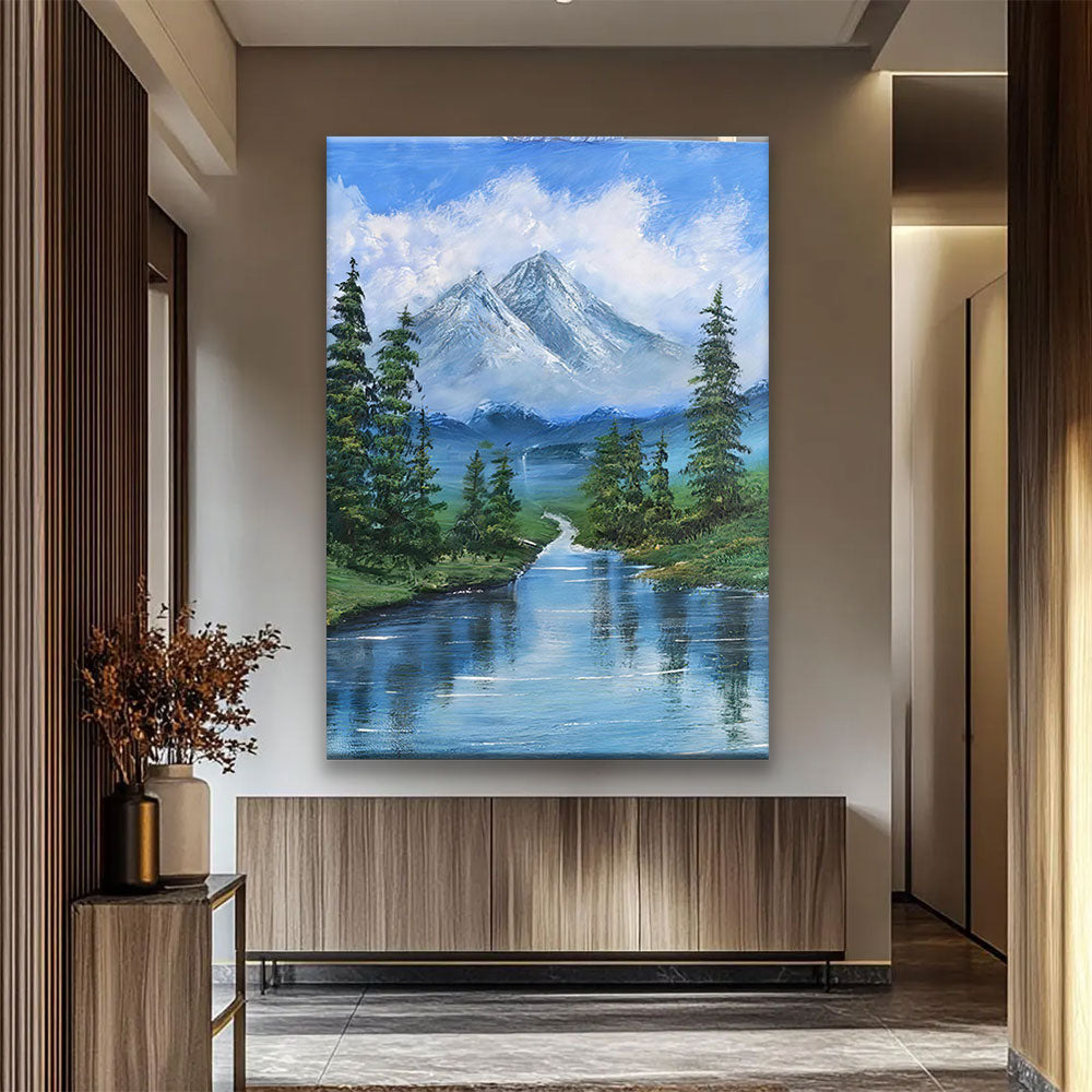 Mountain Lake and Tall Pines canvas wall art, styled room mockup 4.
