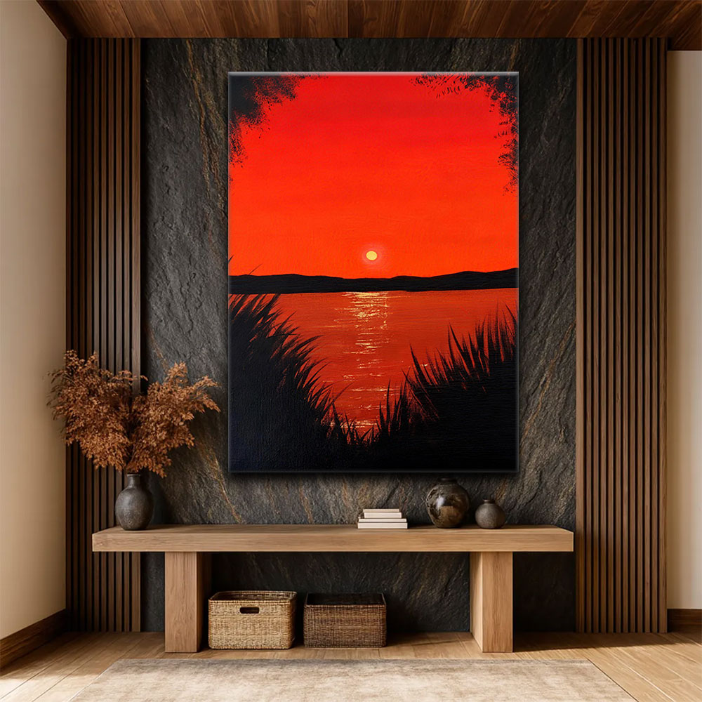 Crimson Sunset Across the Water canvas wall art, styled room mockup 1.