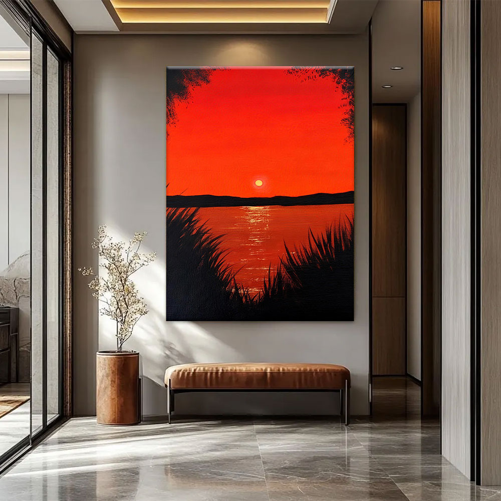 Crimson Sunset Across the Water canvas wall art, styled room mockup 2.