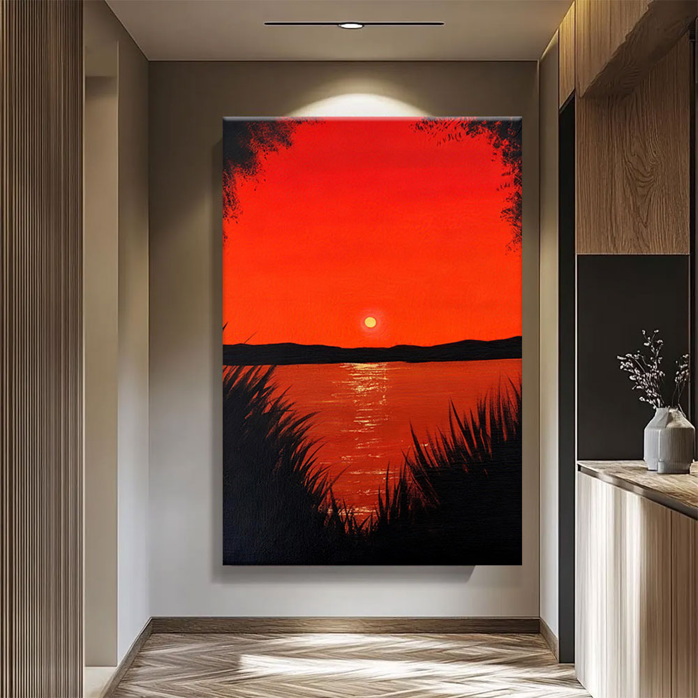Crimson Sunset Across the Water canvas wall art, styled room mockup 4.