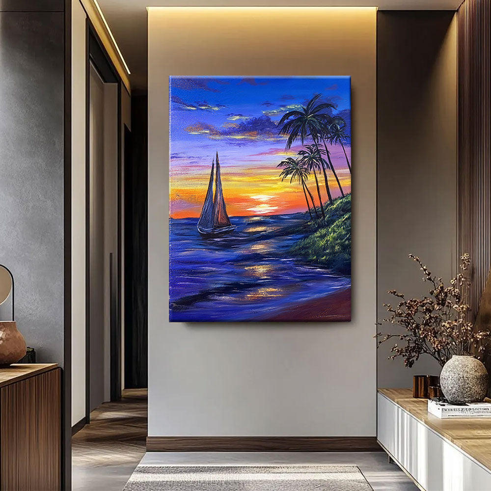 Sailing Toward the Sunset canvas wall art, styled room mockup 2.