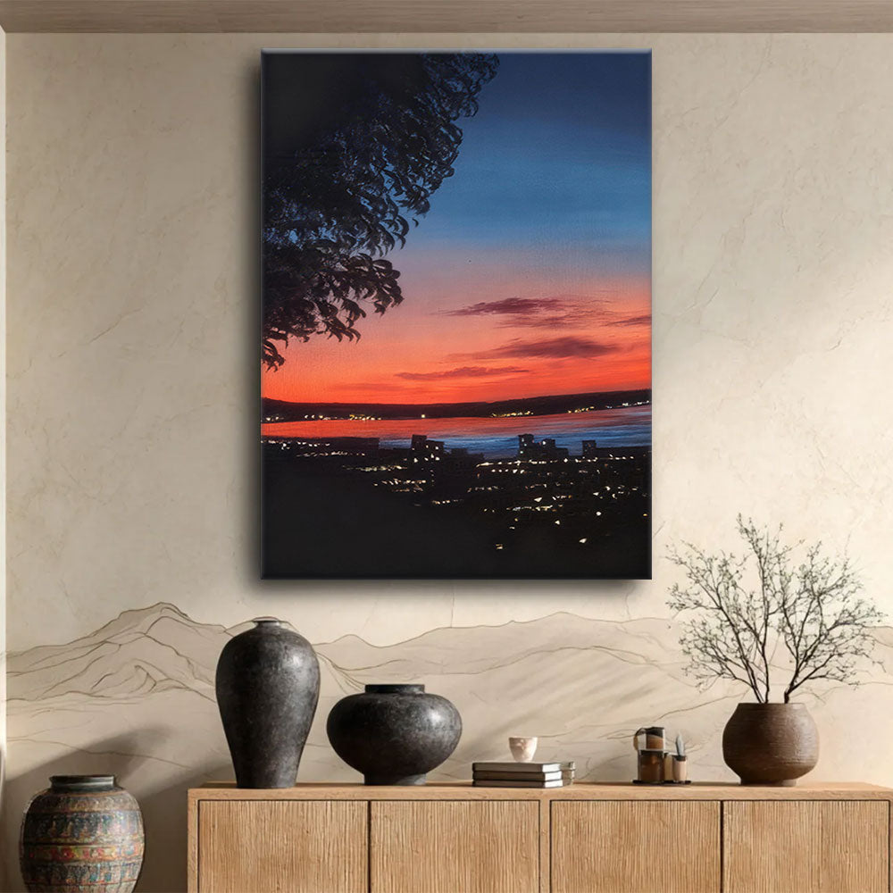 City Lights Beneath a Fading Sky canvas wall art, styled room mockup 3.
