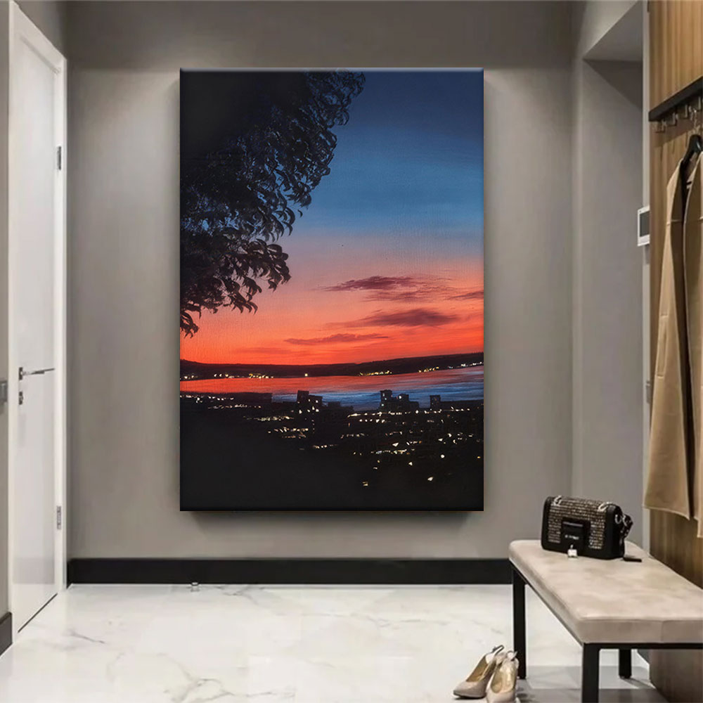 City Lights Beneath a Fading Sky canvas wall art, styled room mockup 4.