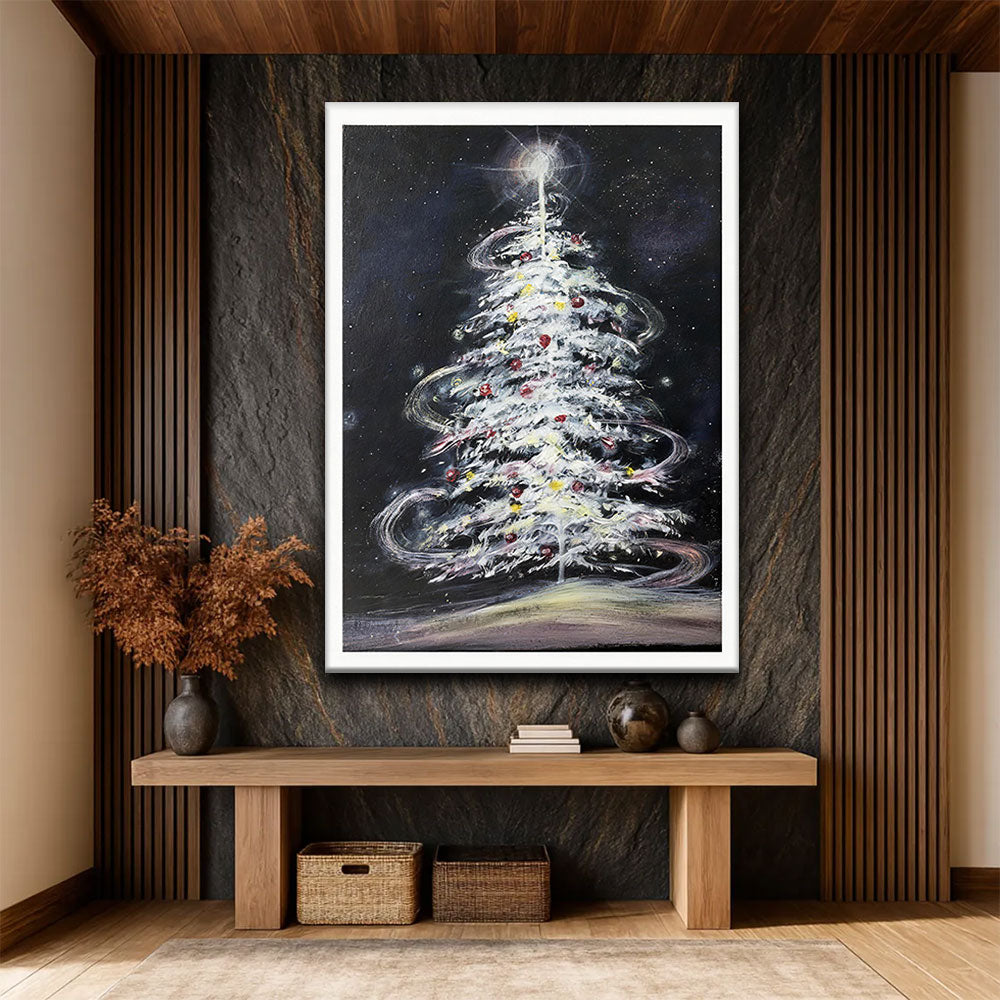 Silver Tree in the Night canvas wall art, styled room mockup 1.
