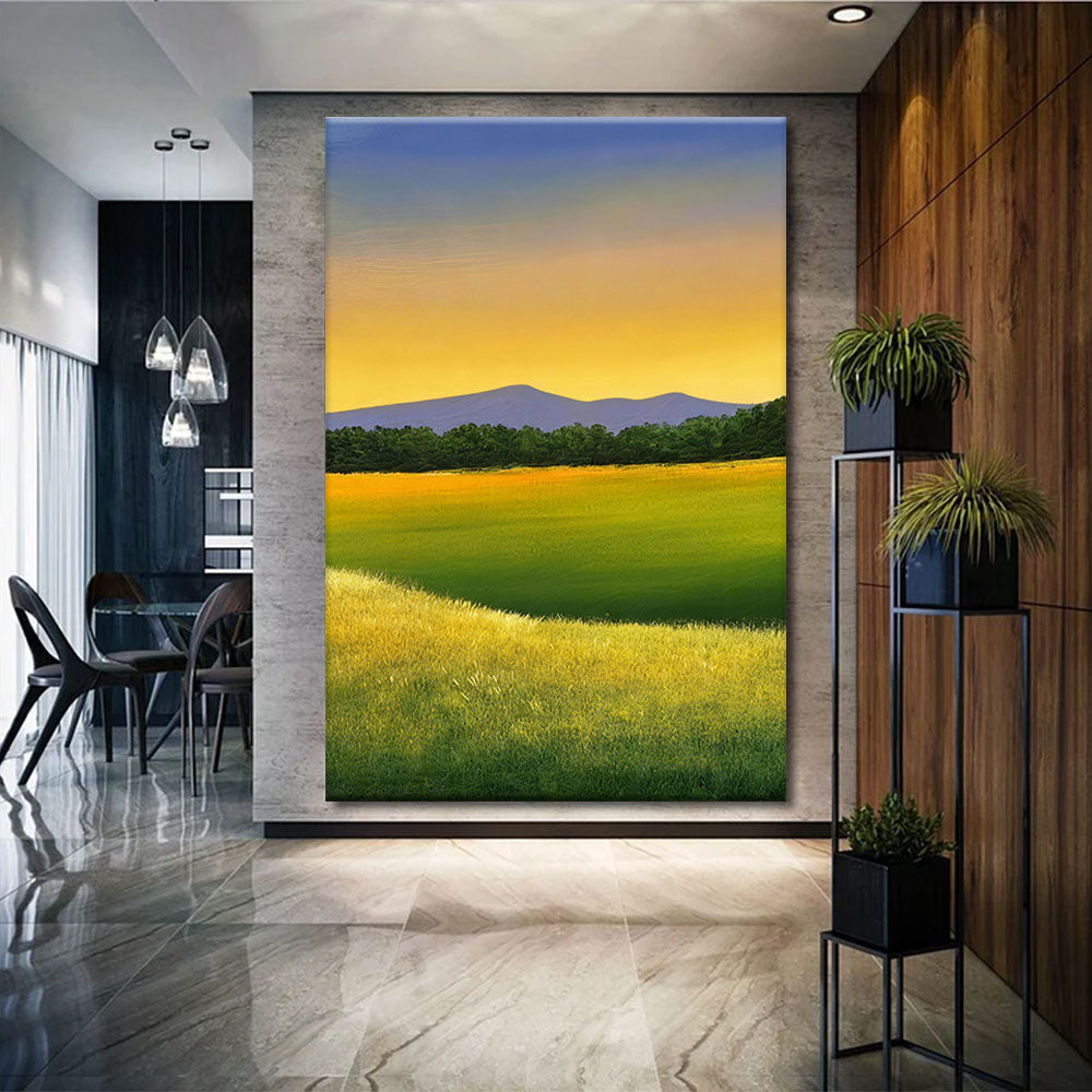 Golden Fields and Distant Hills canvas wall art, styled room mockup 4.